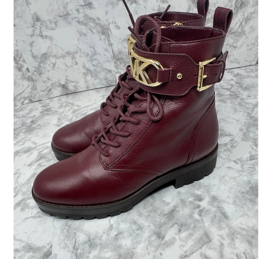 Michael Kors Burgundy Leather Lace Up Combat Boots Gold MK Logo Size 6.5M - Picture 2 of 10
